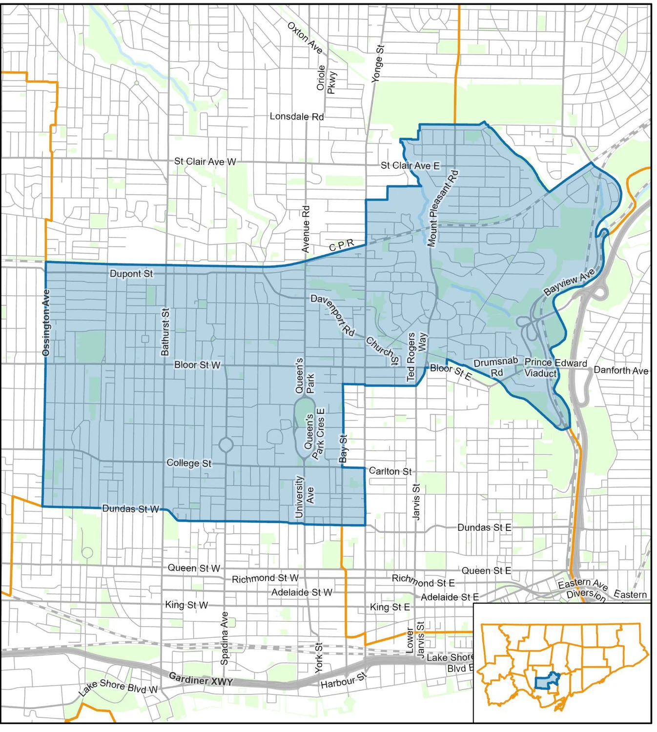 City of Toronto map of Ward 11, University–Rosedale. The ward is bounded by Ossington Avenue on the west, Dundas Street West on the south, Bayview Avenue and the Don Valley on the east, and Dupont Street, the CP rail line and St Clair Avenue East on the north.